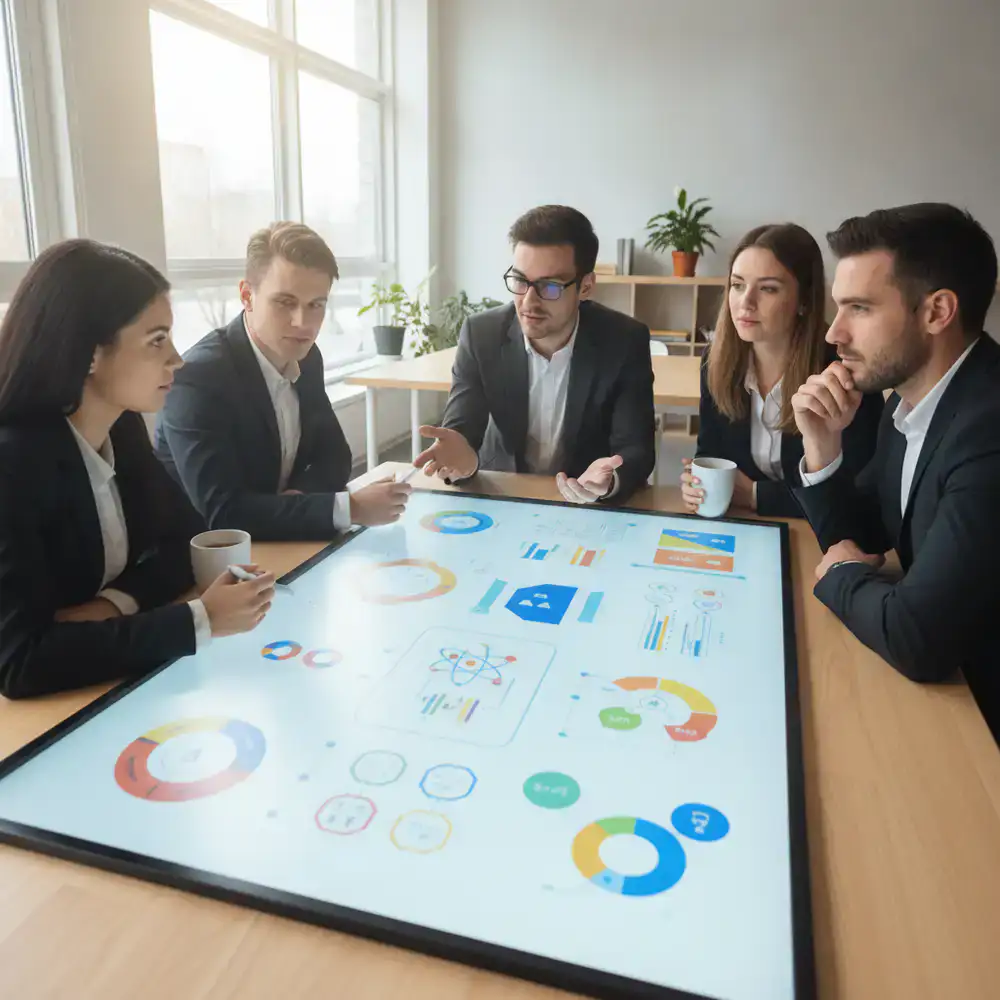 Equipe da QuizCraft Studio analisando propostas de conteúdo educativo em um quadro interativo