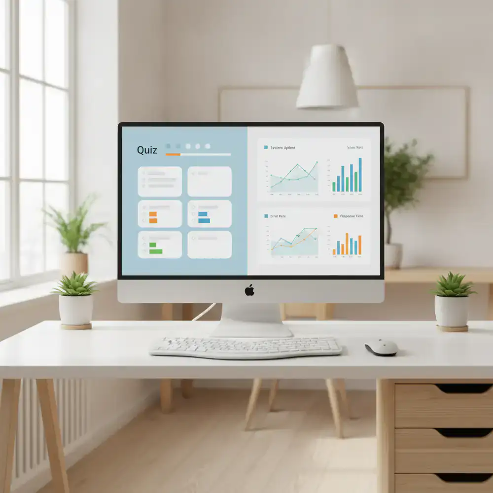 Ambiente de testes exibindo interface de quiz e relatórios de estabilidade